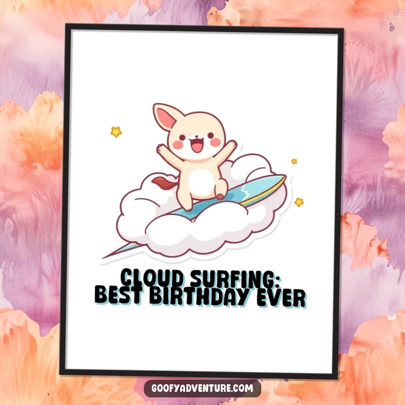 Funny Free Printable Wall Art: Kawaii animal gleefully surfs a fluffy cloud like a surfboard, bringing smiles.