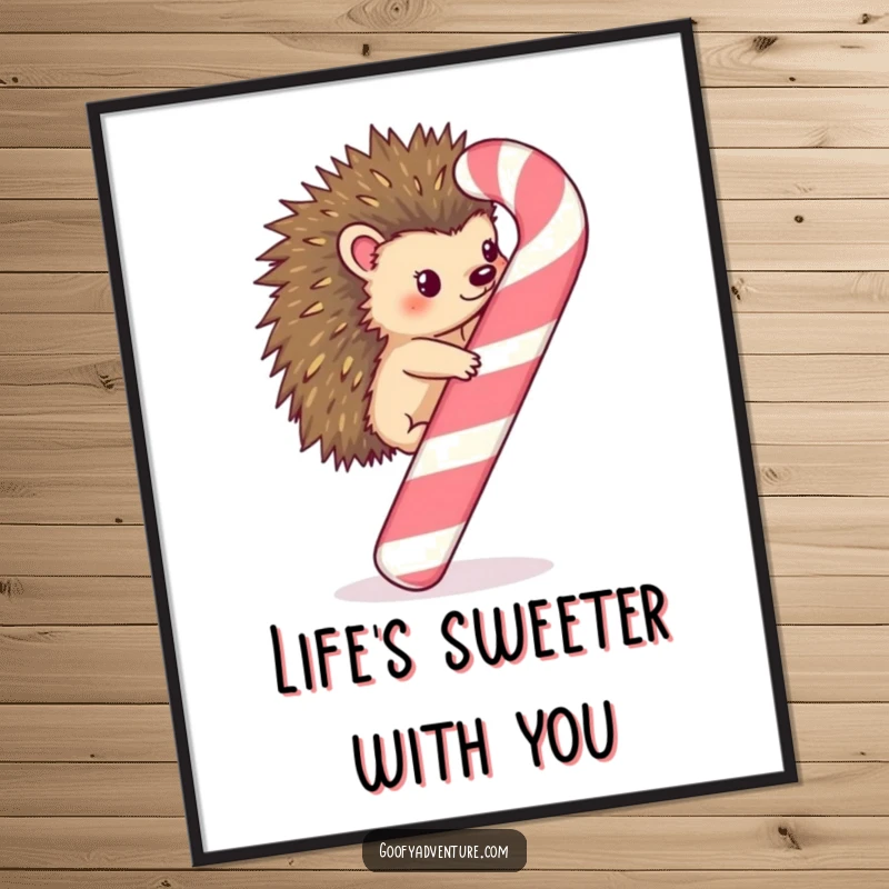 Funny Free Printable Wall Art: Kawaii hedgehog enthusiastically climbing a massive, striped candy cane, bringing sugary joy to any room.