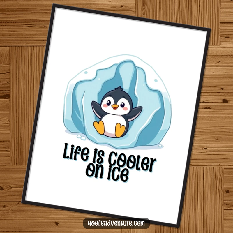 Funny Free Printable Wall Art: Adorable penguin character gleefully sliding down a massive icy glacier, bringing cheer.
