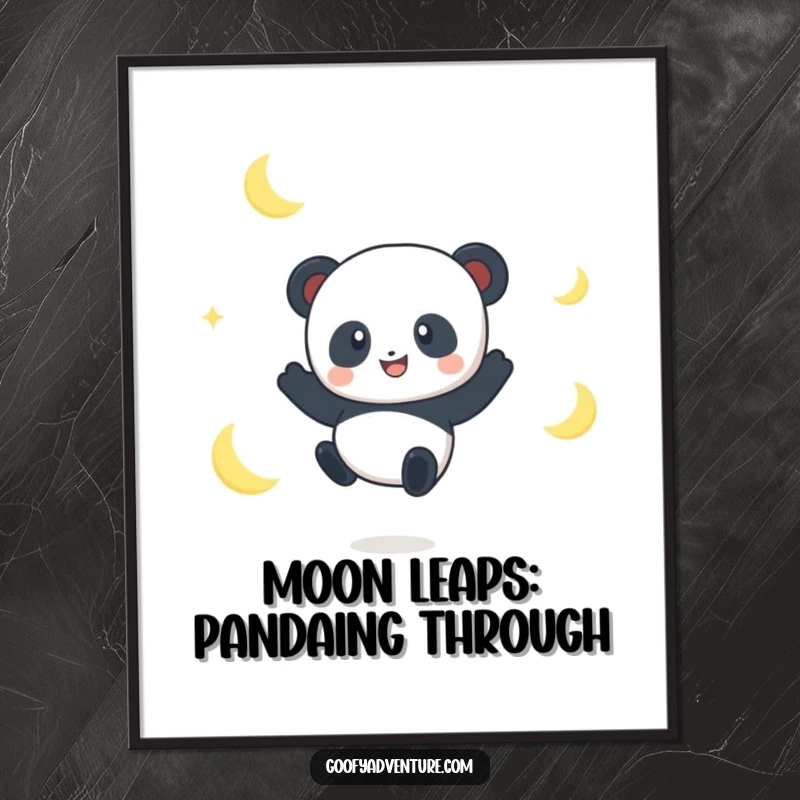 Funny free printable wall art: smiling panda character leaping between glowing crescent moons.