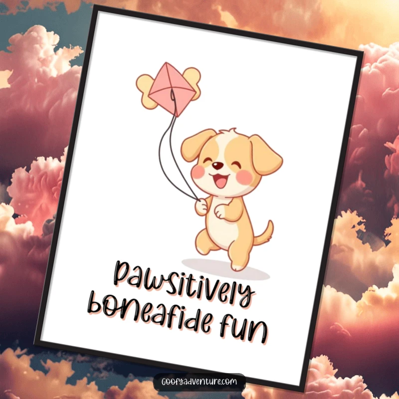 Funny Free Printable Wall Art: A joyful puppy is hilariously engrossed in playing with a kite shaped like a giant bone.