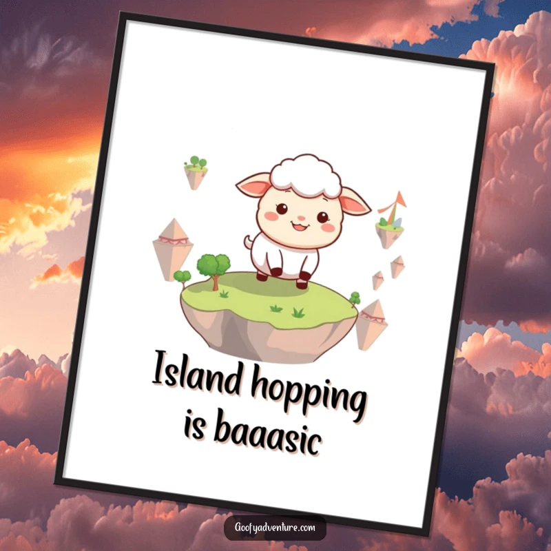 Funny Free Printable Sheep Wall Art: A smiling sheep joyfully exploring a land of floating islands. Downloadable decor.