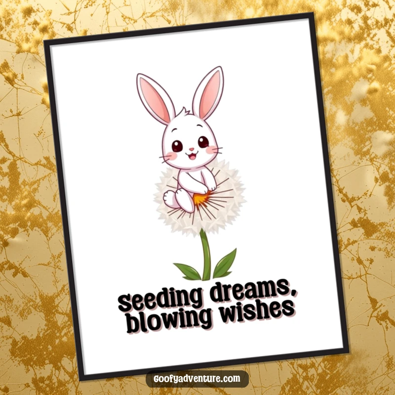 Funny Free Printable Wall Art: A happy bunny character joyfully rides a giant dandelion seed, creating whimsical and uplifting decor.