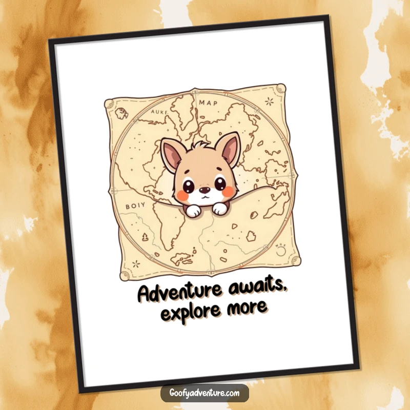 Funny Free Printable Wall Art: Curious animal peeks from a giant, ancient, detailed map.