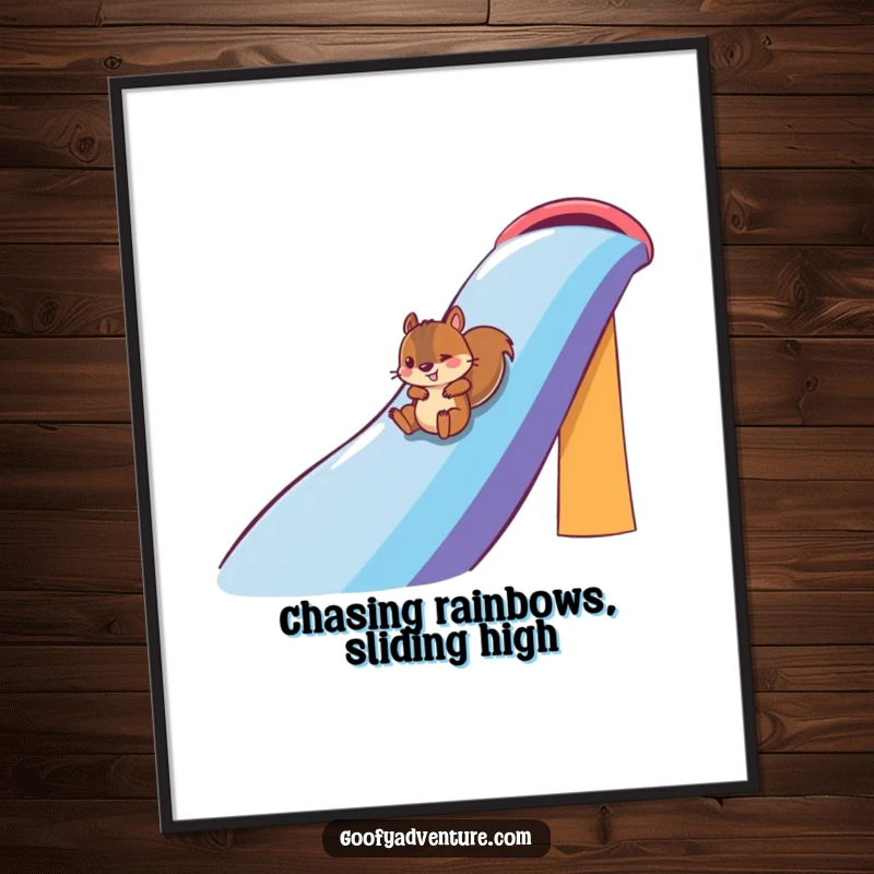 Funny Free Printable Wall Art: A playful squirrel character slides down a massive rainbow slide, bringing a vibrant and joyful atmosphere.
