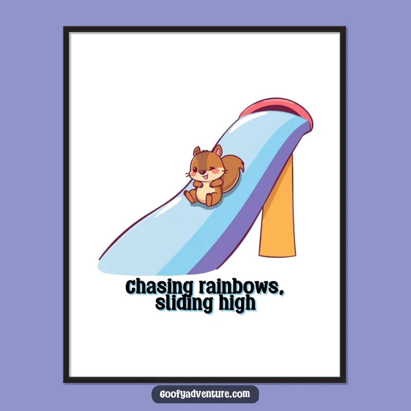 Funny Free Printable Wall Art: Squirrel on Rainbow Slide, Whimsical Downloadable Art Gift