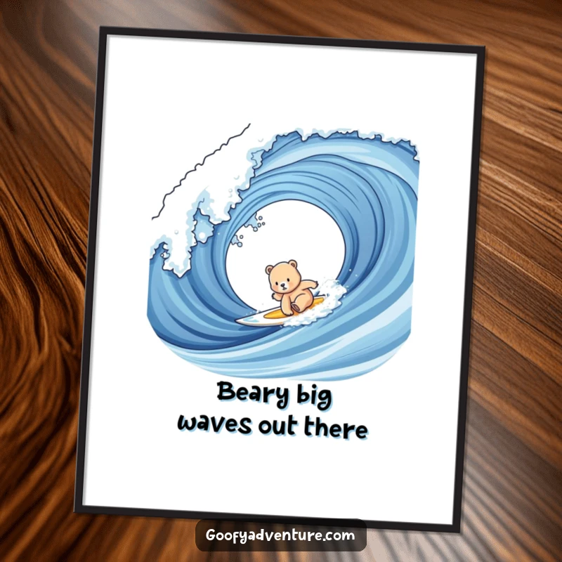 Funny Free Printable Wall Art: Cute bear cub bravely surfing a colossal ocean wave, a dynamic and humorous piece.