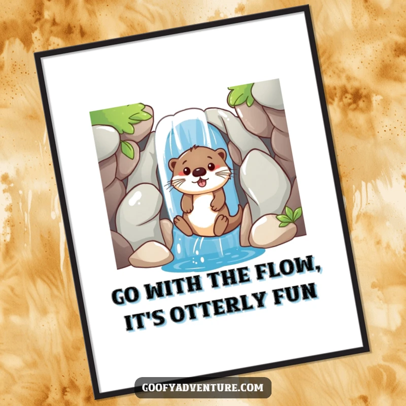 Funny Free Printable Wall Art: Playful otter sliding joyfully down a waterfall entrance. Energetic and downloadable.