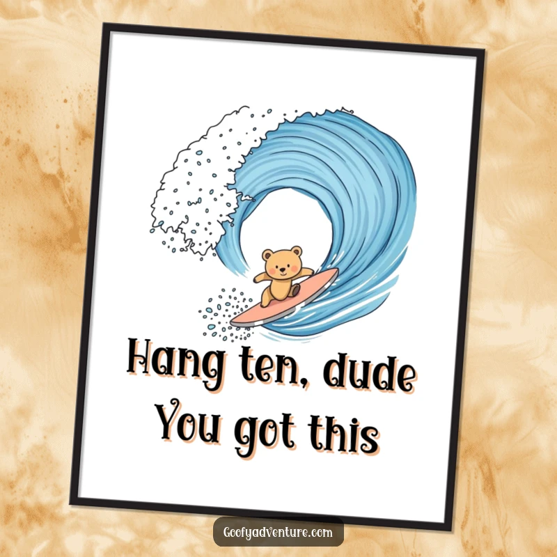 Funny Free Printable Wall Art: Cute bear cub confidently surfing a giant wave, ready to hang. Downloadable.