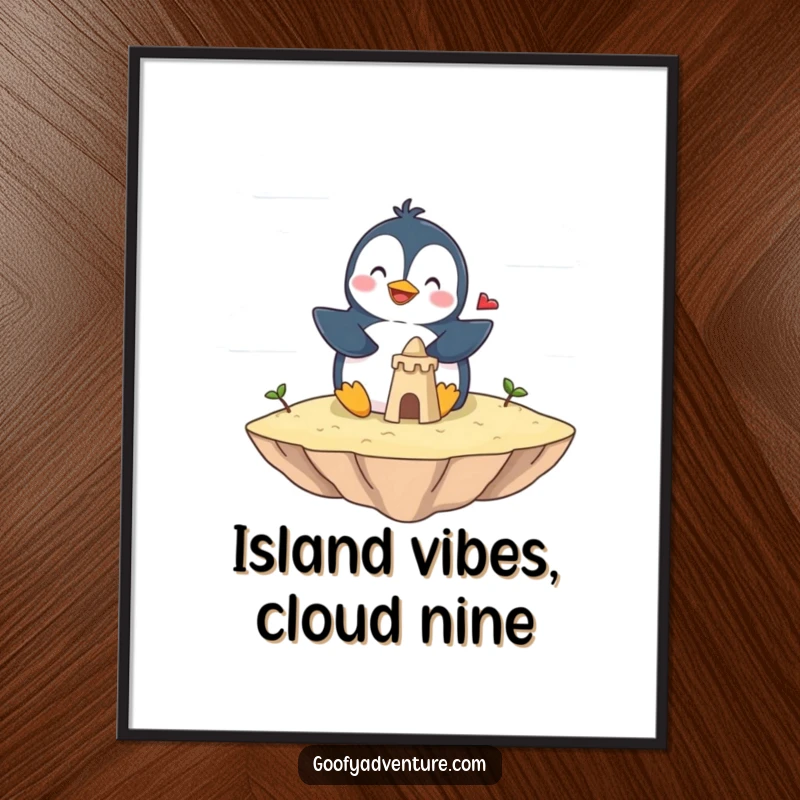Funny Free Printable Wall Art: Penguin joyfully building a sandcastle on a floating island in the clouds