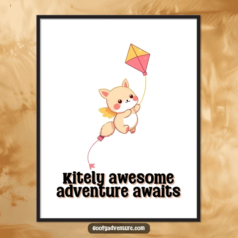 Funny Free Printable Wall Art: Kawaii animal happily soaring on a colorful kite, bright and cheerful downloadable art.