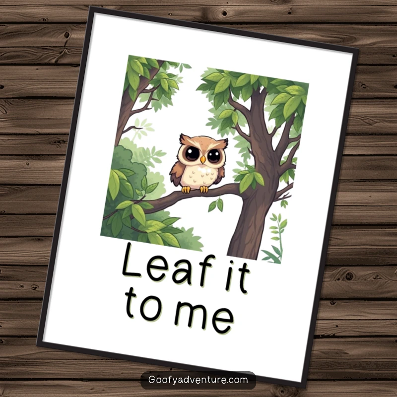 Funny Free Printable Owl Wall Art: A determined owl bravely navigates a dense jungle of oversized leaves. Downloadable decor.