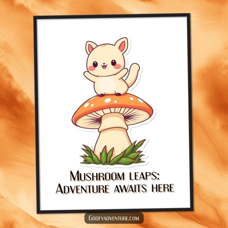 Funny Free Printable Wall Art: Kawaii animal leaping joyfully over a colossal mushroom, adding playful energy.