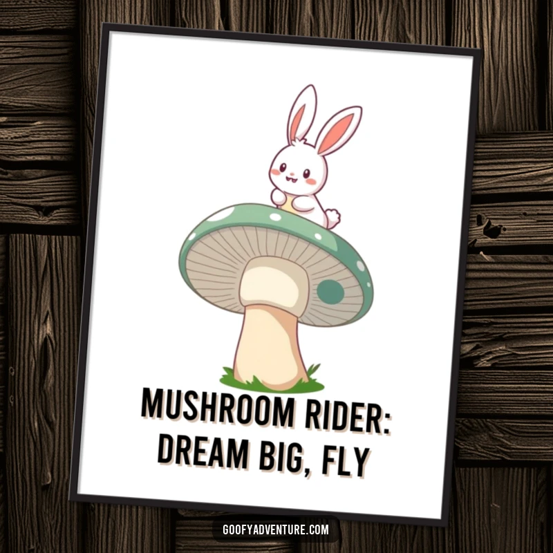 Funny Free Printable Wall Art of a cheerful bunny character joyfully riding a large, whimsical mushroom soaring through the air.
