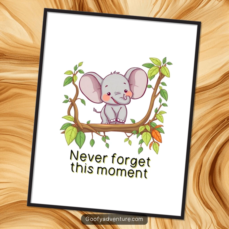 Funny Free Printable Wall Art: Joyful elephant character swinging across a lush jungle vine bridge, radiating happiness.