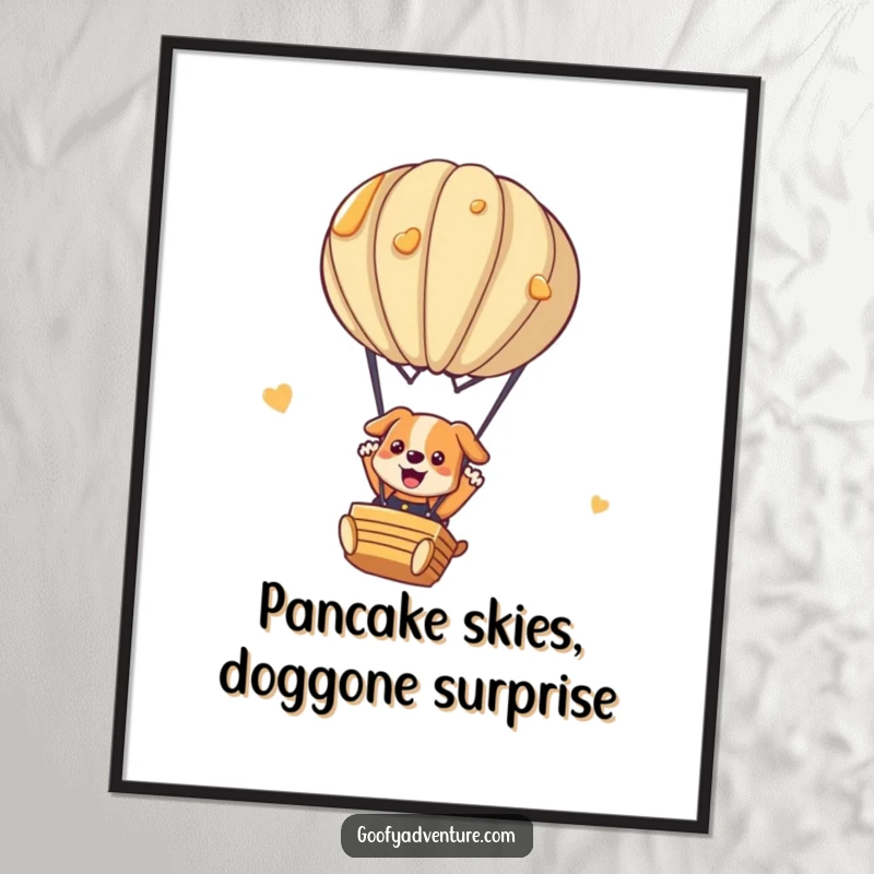 Funny Free Printable Wall Art: Playful dog parachuting from a hot air balloon made entirely of pancakes
