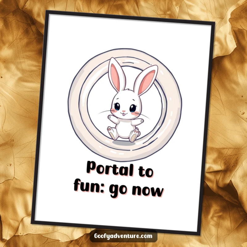 Funny Free Printable Curious Rabbit Jumping into a Swirling Portal Wall Art, mysterious and adventurous decor.