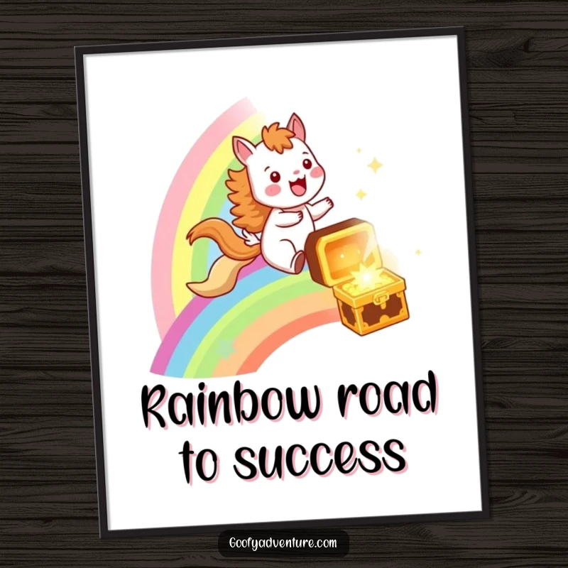 Funny Free Printable Wall Art: Joyful animal rides a vibrant rainbow towards a glittering treasure chest.