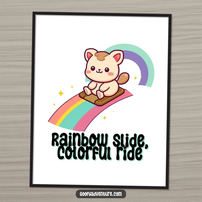 Funny Free Printable Wall Art: A kawaii animal character joyfully sliding down a vibrant rainbow trail, a whimsical and colorful masterpiece.