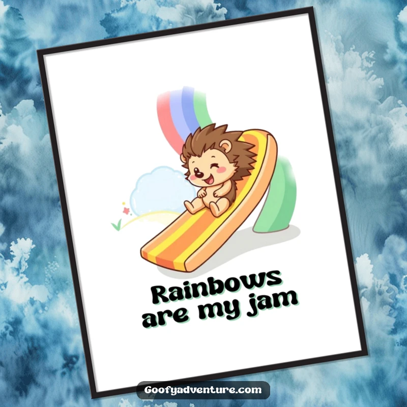 Funny Free Printable Hedgehog Wall Art: A happy hedgehog playfully sliding down a vibrant rainbow slide. Downloadable decor.