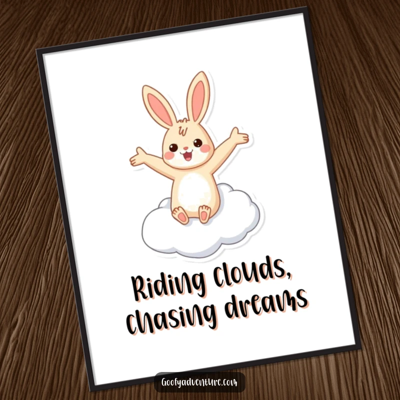 Funny Free Printable Wall Art: Cheerful rabbit with arms outstretched, joyfully riding a white cloud through a blue sky.