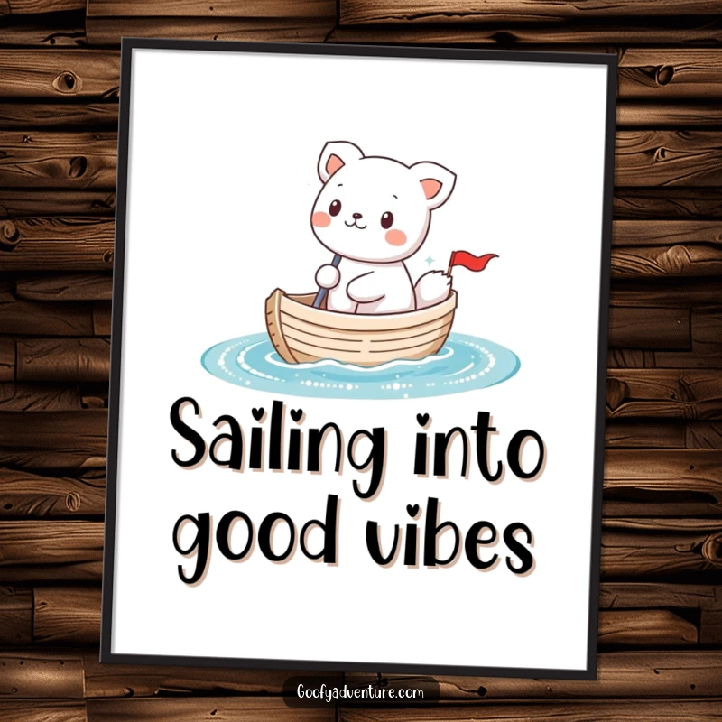 Funny Free Printable Wall Art: Kawaii animal with a huge smile sailing a tiny boat on sparkling water, downloadable decor.