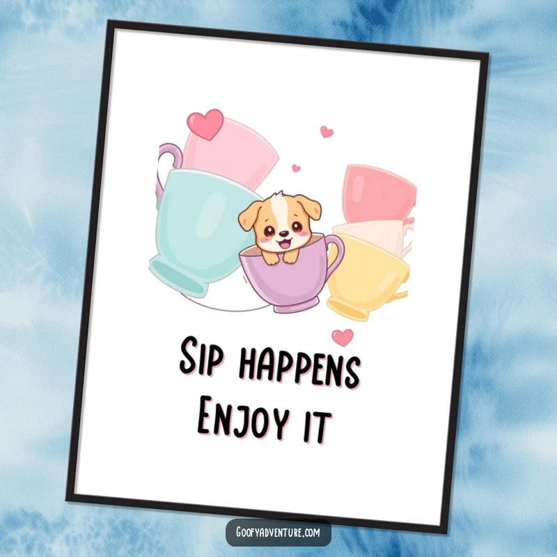 Funny Free Printable Wall Art: Giggling puppy having a blast ziplining between enormous, brightly colored teacups.