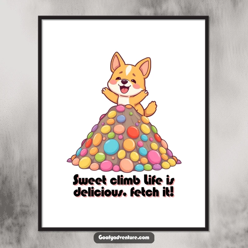 Funny Free Printable Dog excitedly climbing a mountain made of colorful candy as whimsical wall art.