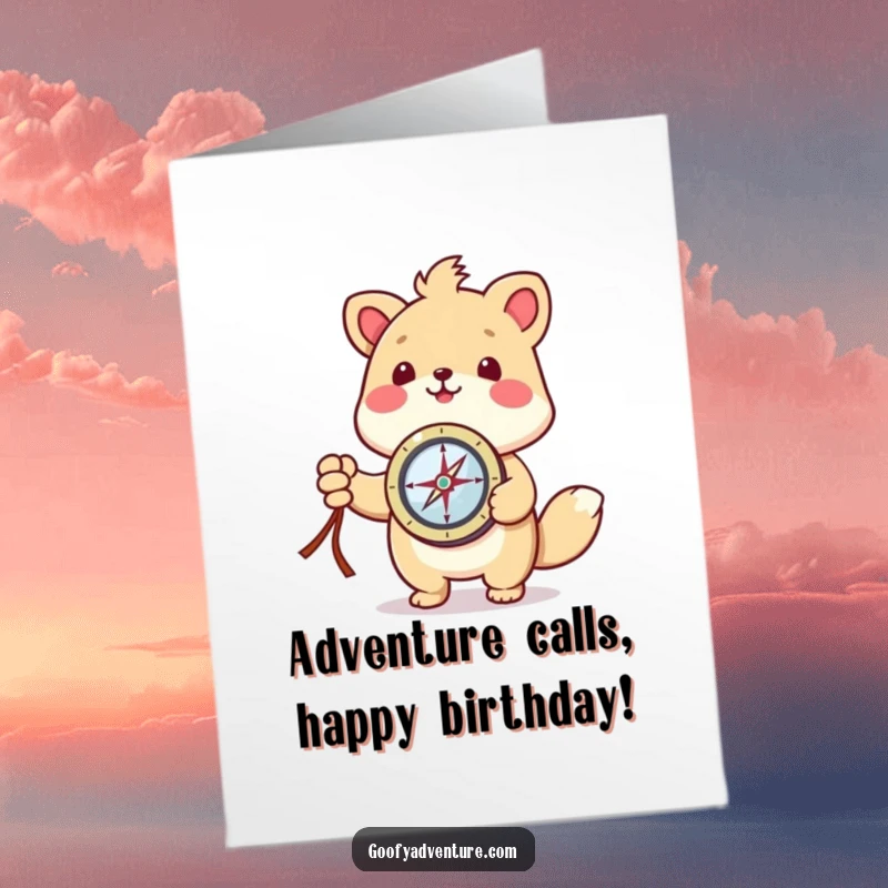 Funny Free Printable Birthday Card: Kawaii animal holds compass, pointing excitedly towards a new birthday adventure.