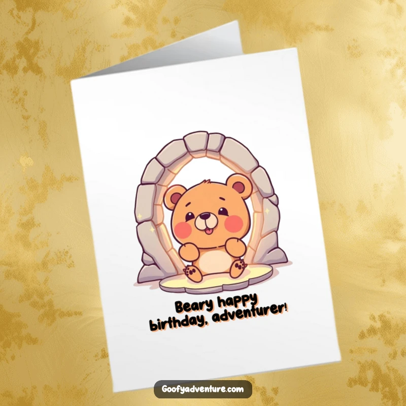 Funny Free Printable Birthday Card: Bear peeking into a glowing portal, full of wonder and excitement.