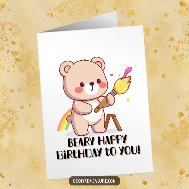 Funny Free Printable Birthday Card: Kawaii bear joyfully paints a bright rainbow with a giant, cheerful paintbrush.