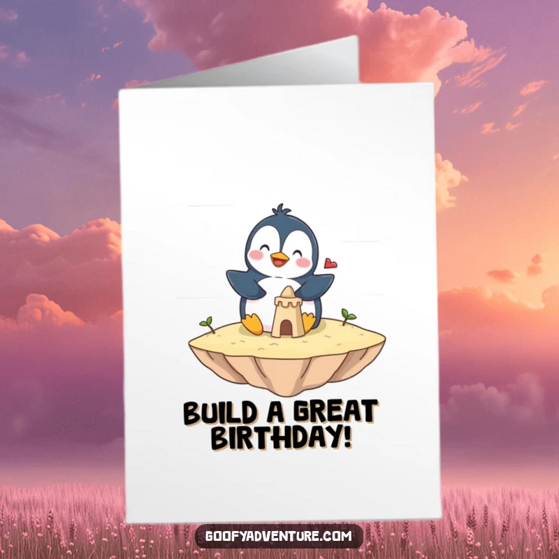 Funny Free Printable Birthday Card: Penguin giggling building sandcastle on cloud island, whimsical joy