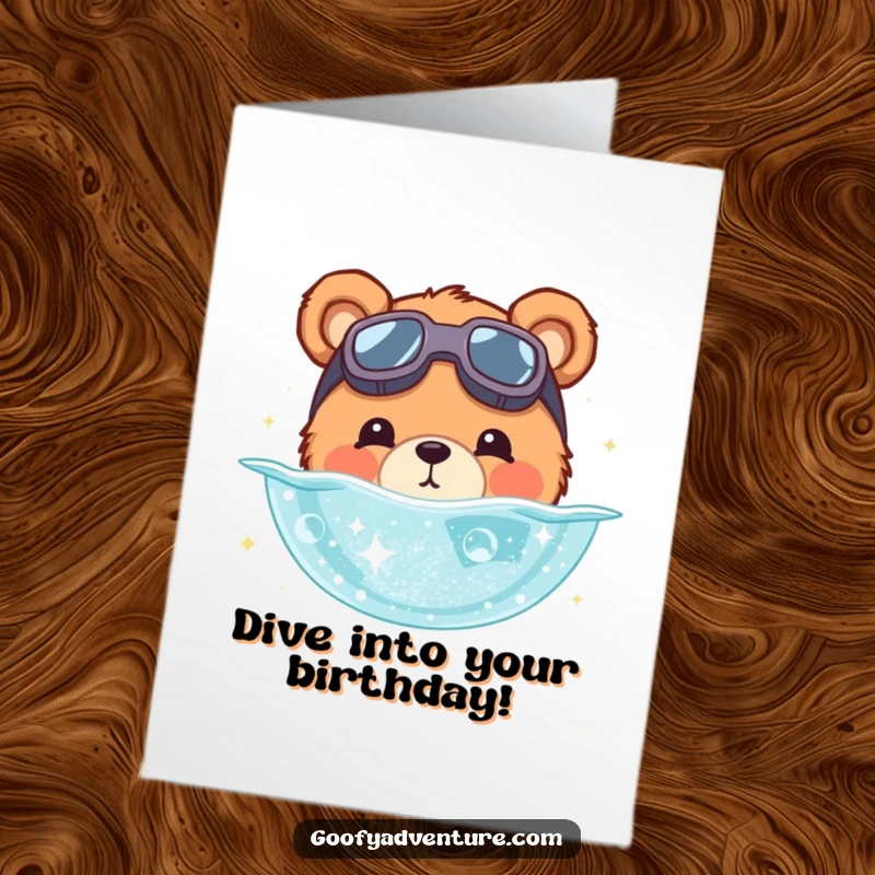 Funny Free Printable Birthday Card: Bear with goggles dives into stardust pool, celebrating birthday