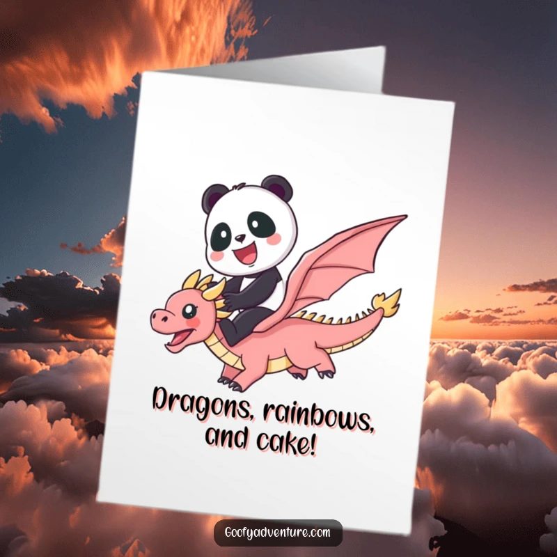 Funny Free Printable Panda Riding a Flying Dragon Card, joyous adventure through a vibrant rainbow, perfect for birthday greetings.