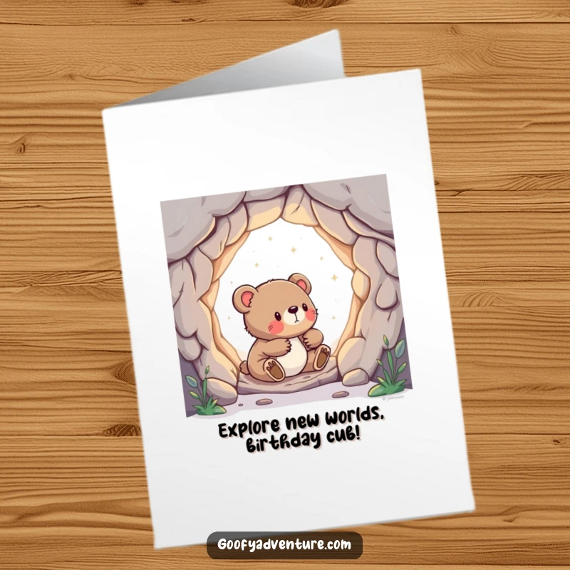 Funny Free Printable Birthday Card: Curious bear cub discovering portal, birthday adventure, exciting discovery, DIY.