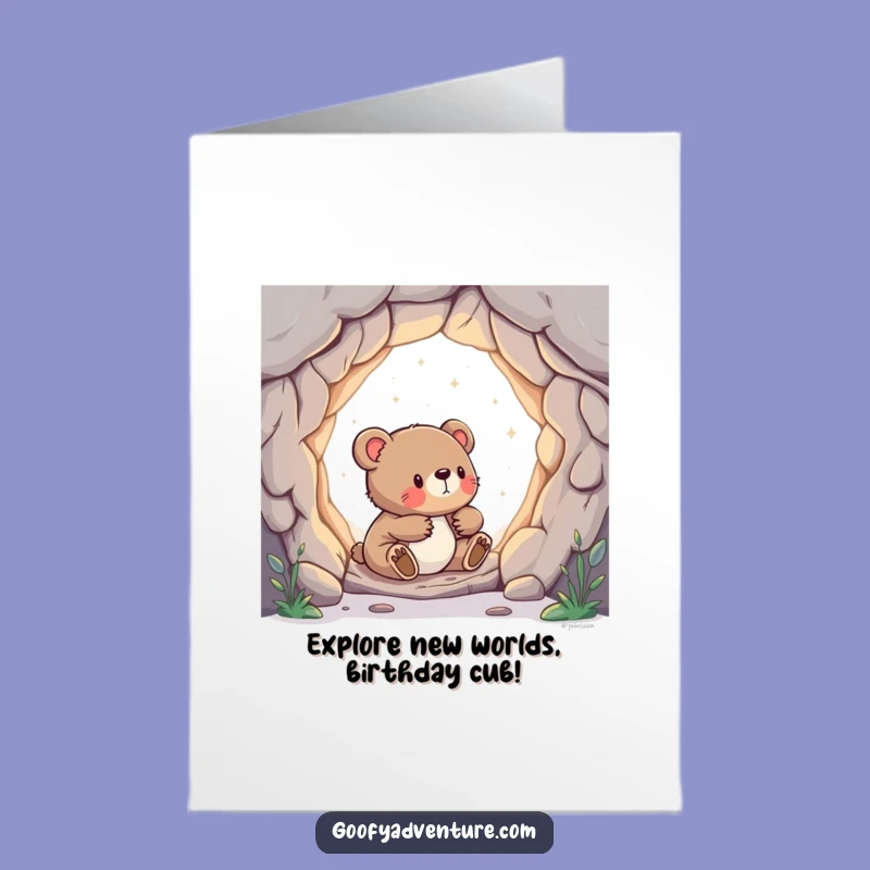 Free Printable Birthday Card: Bear Cub's Portal Adventure, Funny Downloadable Gift of Discovery