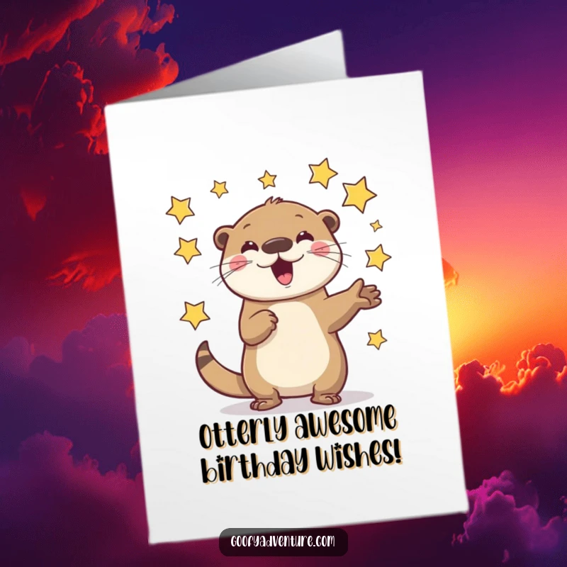 Funny Free Printable Birthday Card: Playful otter juggling bright stars with a cheerful expression.