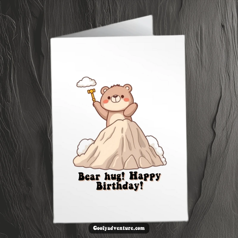 Funny Free Printable Birthday Card: Bear heroically scaling a fluffy cloud mountain, reaching the summit.