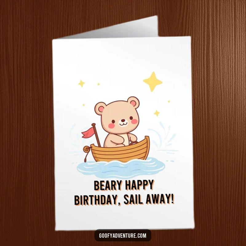 Funny Free Printable Bear sailing a small boat across a starry ocean, celebrating a birthday.