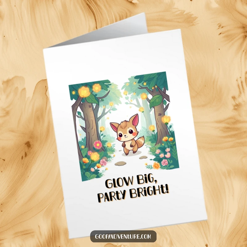 Funny Free Printable Birthday Card: Determined animal navigates a glowing, magical forest for birthday fun.
