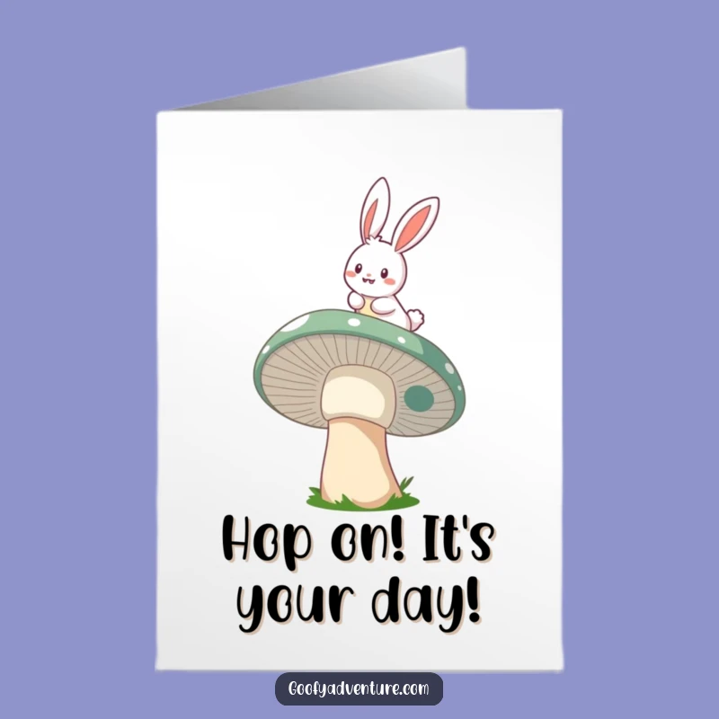 Free Printable Birthday Card: Bunny Rides Mushroom, Whimsical Digital Gift