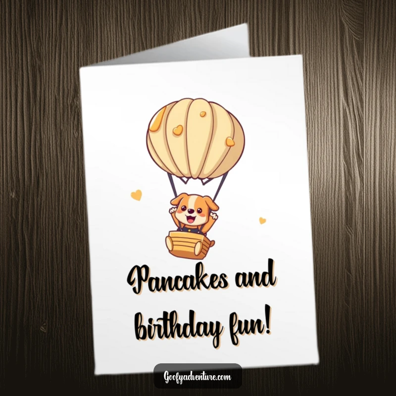 Funny Free Printable Birthday Card: Dog parachutes from pancake hot air balloon, celebrating birthday