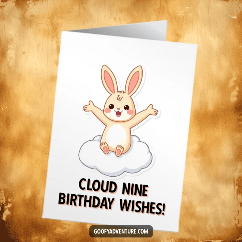 Funny Free Printable Birthday Card: Cheerful rabbit with outstretched arms riding a fluffy cloud through the sky, perfect for birthdays.