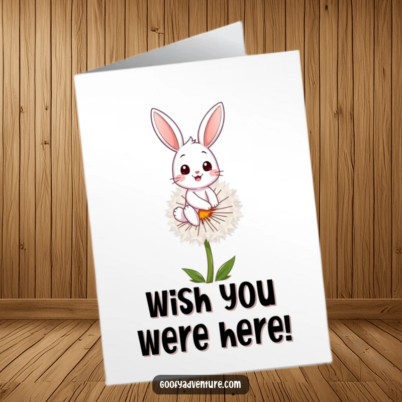 Funny Free Printable Birthday Card: Happy bunny joyfully rides a giant dandelion seed, spreading cheer for a special occasion.