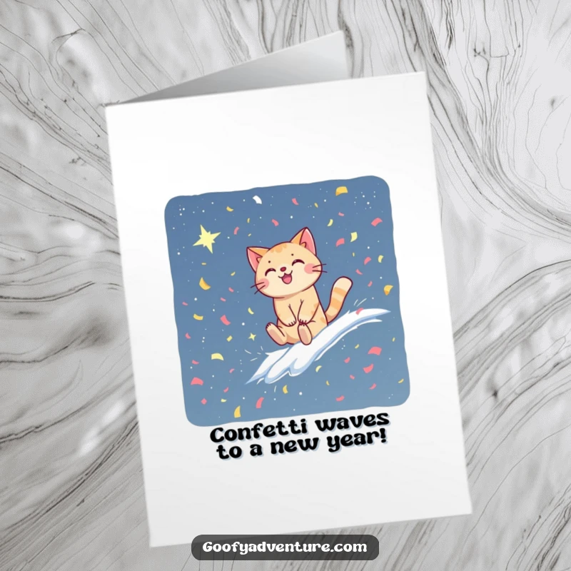 Funny Free Printable Birthday Card: Cat Ridin confetti wave party sky, joyful and cosmic