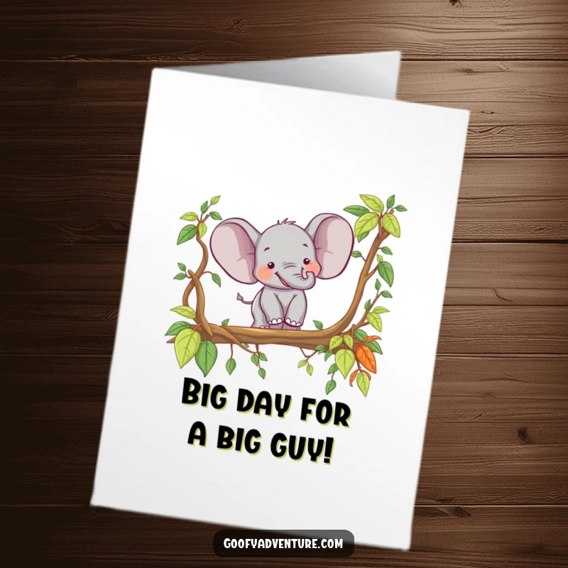 Funny Free Printable Birthday Card: Happy elephant joyfully crossing a jungle vine bridge, full of birthday excitement.