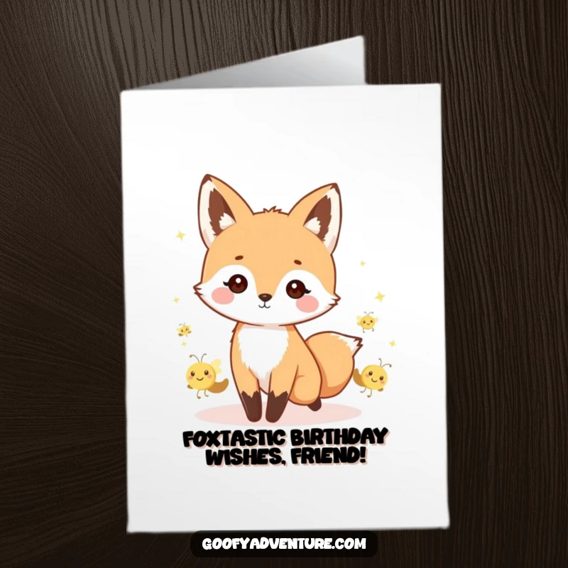 Funny Free Printable Birthday Card: Kawaii fox leads a glowing parade of tiny, smiling fireflies with charm.