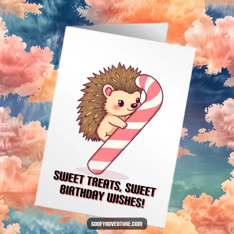 Funny Free Printable Birthday Card: Kawaii hedgehog joyfully climbing a giant candy cane, ready for a sweet celebration.