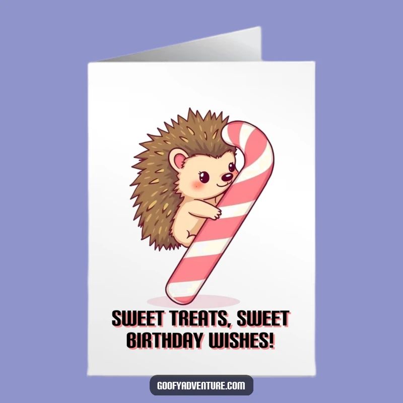 Free Printable Birthday Card: Kawaii Hedgehog Candy Cane Climb Funny Downloadable Gift