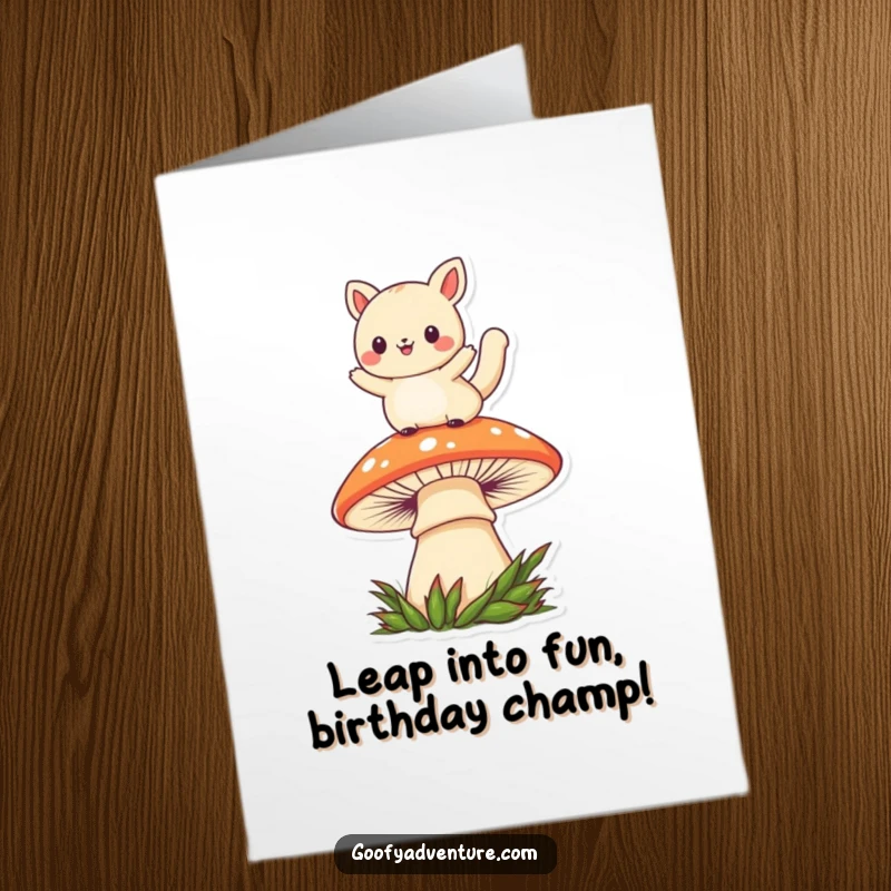Funny Free Printable Birthday Card: Kawaii animal mid-leap over a giant mushroom, full of playful birthday energy.